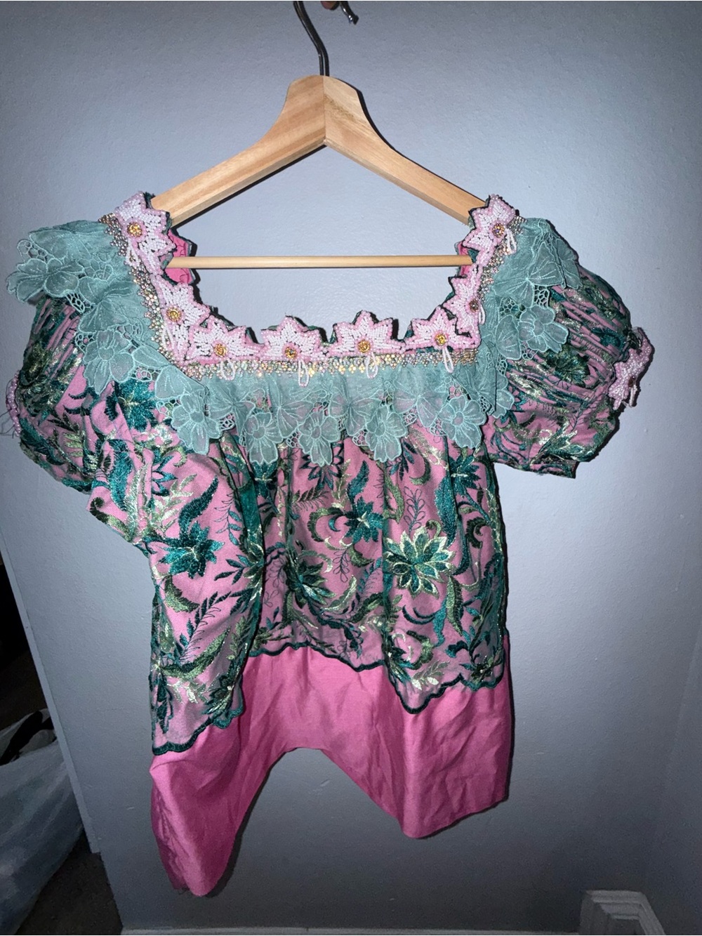 Embellished Pink Floral Puff-Sleeve Top Hand Made with Mint Lace Trim